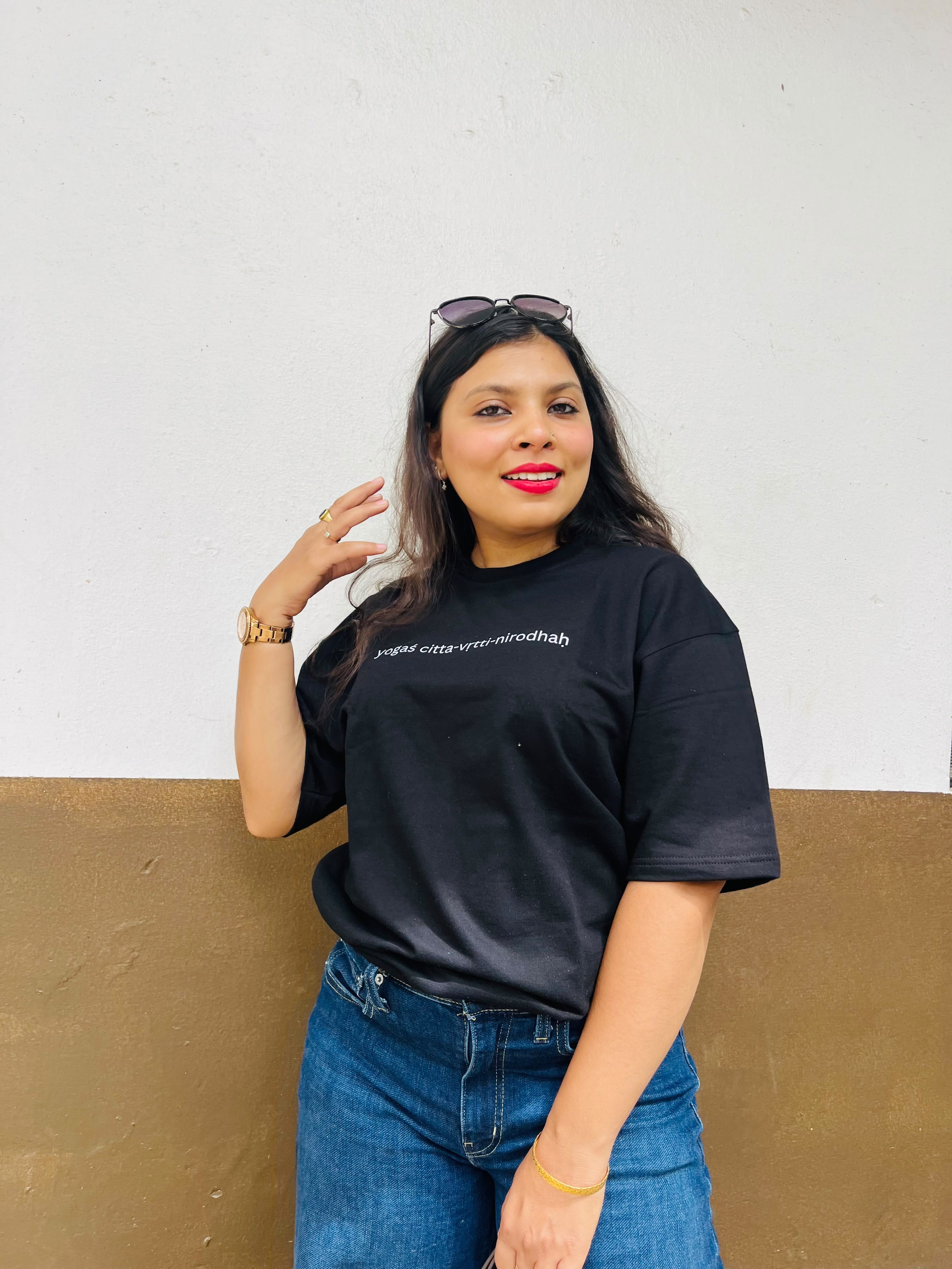 Don’t Overthink It T-shirt in Raven Black, worn outdoors, close front view