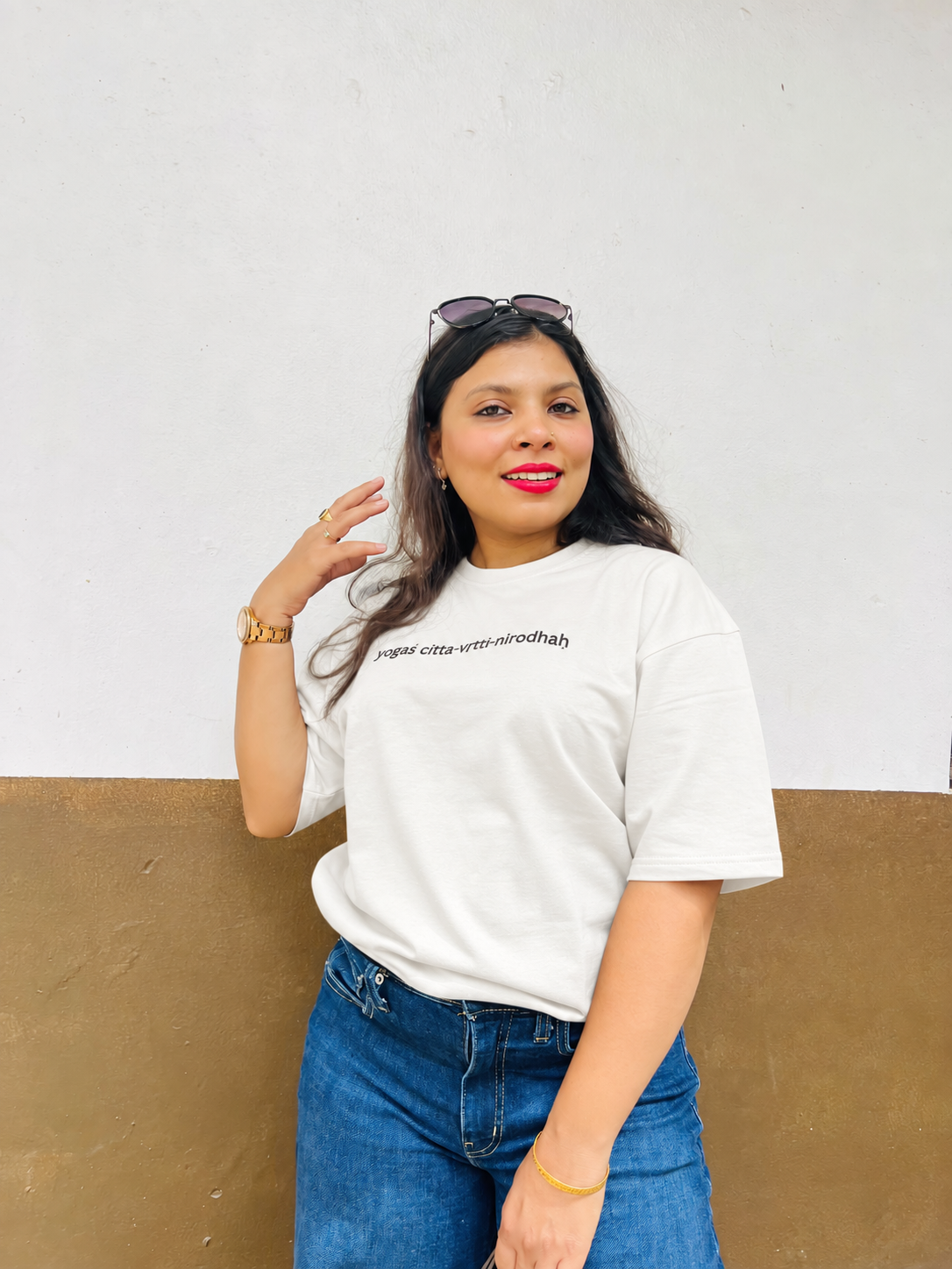 Don’t Overthink It T-shirt in Chalk White, worn outdoors, close front view