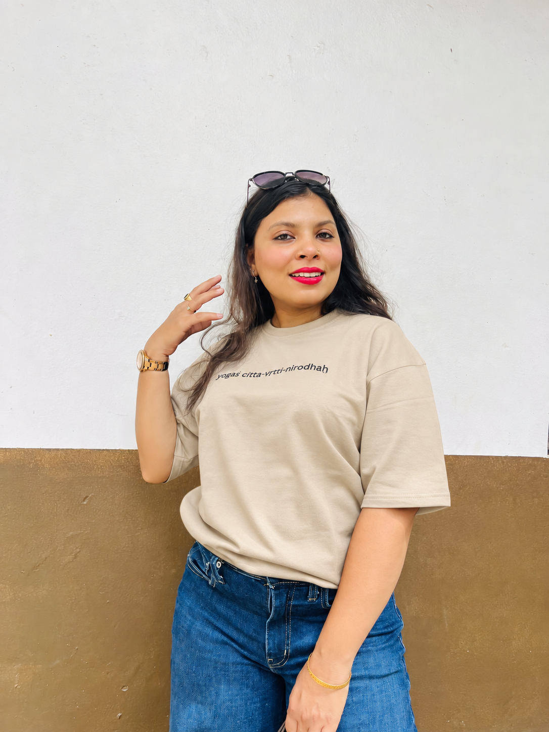 Don’t Overthink It T-shirt in Sandy Beige, worn outdoors, close front view