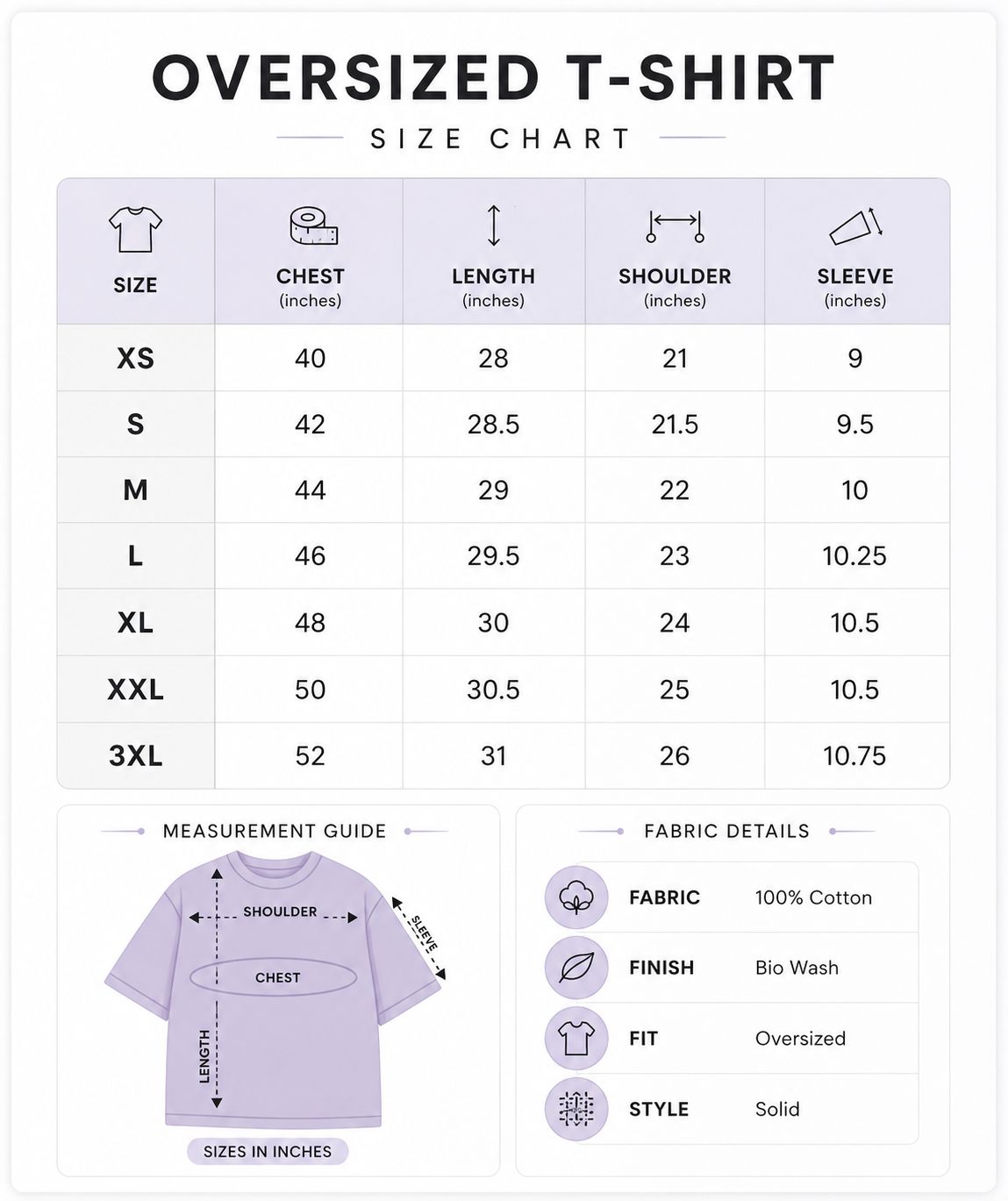 Oversized T-shirt size chart. Measurements in inches. XS: chest 40, length 28, shoulder 21, sleeve 9. S: 42, 28.5, 21.5, 9.5. M: 44, 29, 22, 10. L: 46, 29.5, 23, 10.25. XL: 48, 30, 24, 10.5. XXL: 50, 30.5, 25, 10.5. 3XL: 52, 31, 26, 10.75.