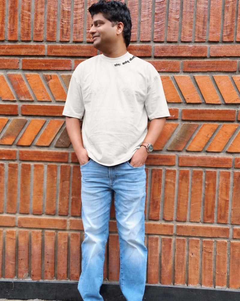 Skillful Action Chalk White T-shirt worn outdoors, close front view
