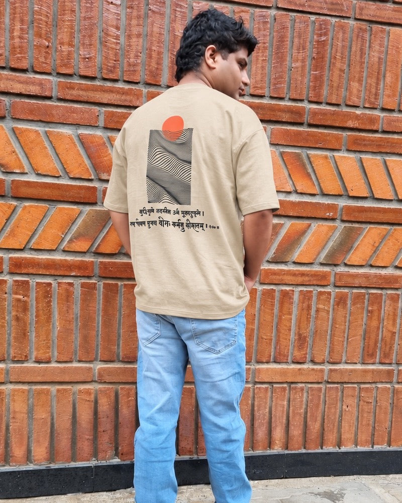 Skillful Action Sandy Beige T-shirt worn outdoors, close back view