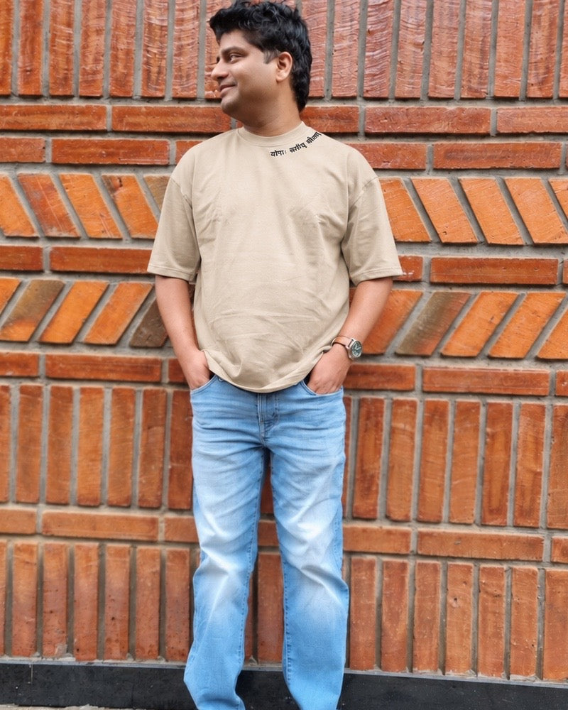 Skillful Action Sandy Beige T-shirt worn outdoors, close front view