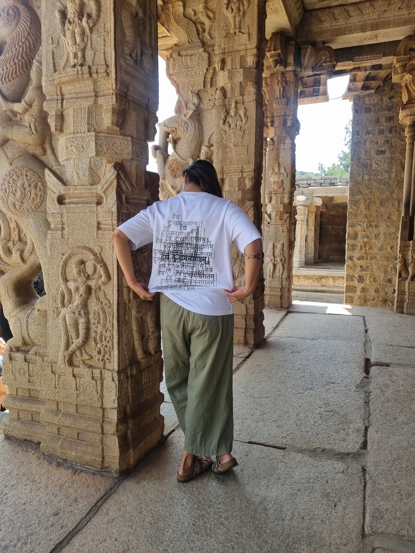 Future Manifested Layered T-shirt in Chalk White, worn at Hampi, back view