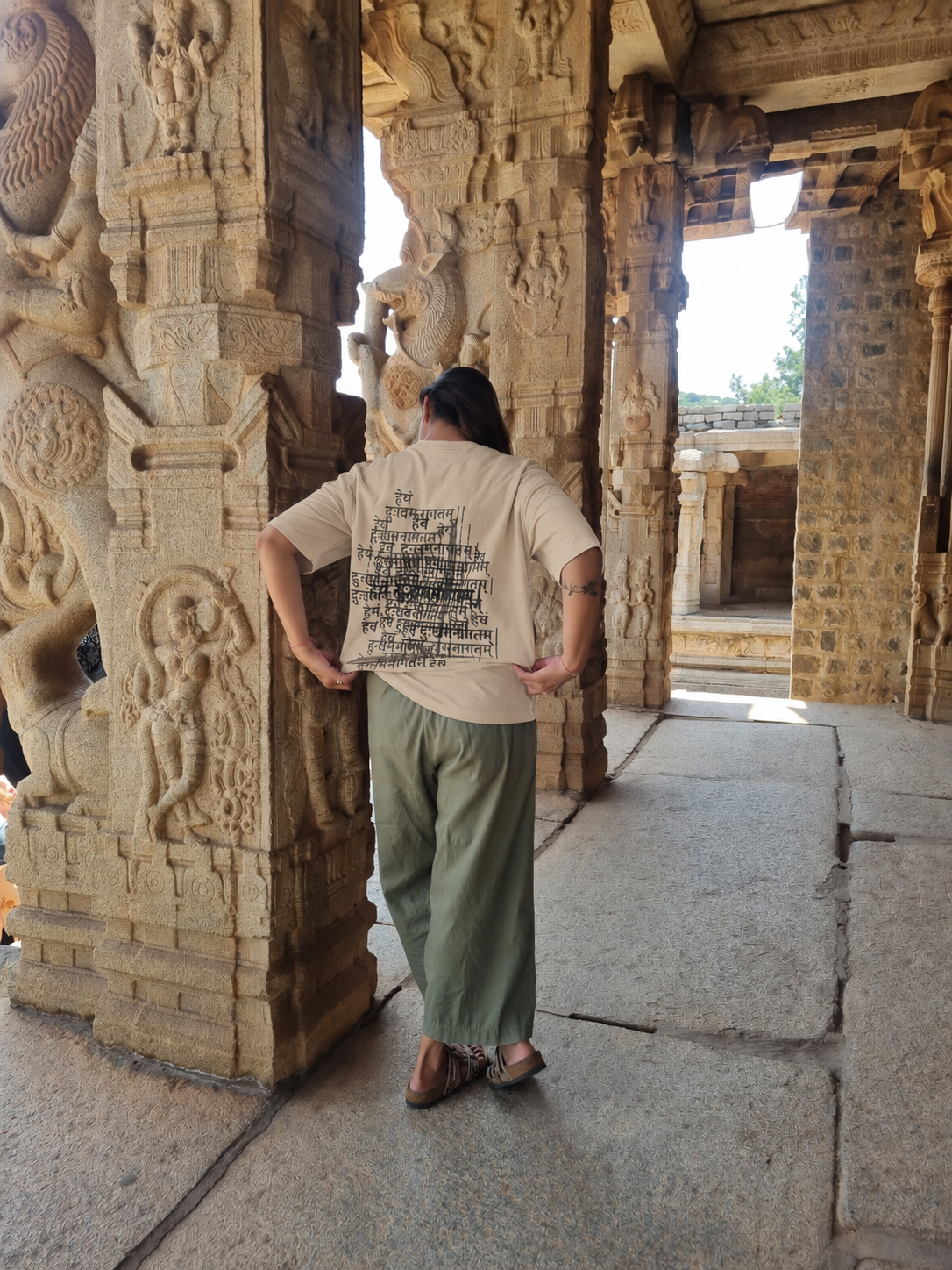 Future Manifested Layered T-shirt in Sandy Beige, colour preview worn at Hampi, back view