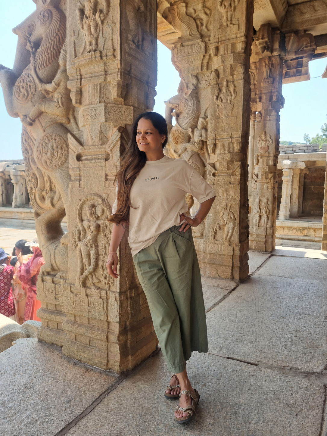 Future Manifested Layered T-shirt in Sandy Beige, colour preview worn at Hampi, front view